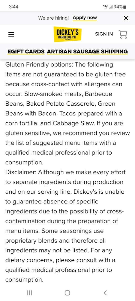 Dickey's Barbecue Pit gluten-free menu