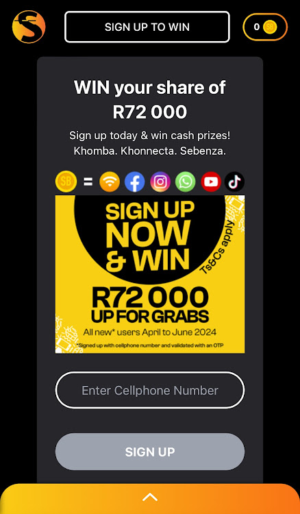 Select Sebenza in your Wi-Fi settings and enter your cellphone number to stand a chance to win some cash.