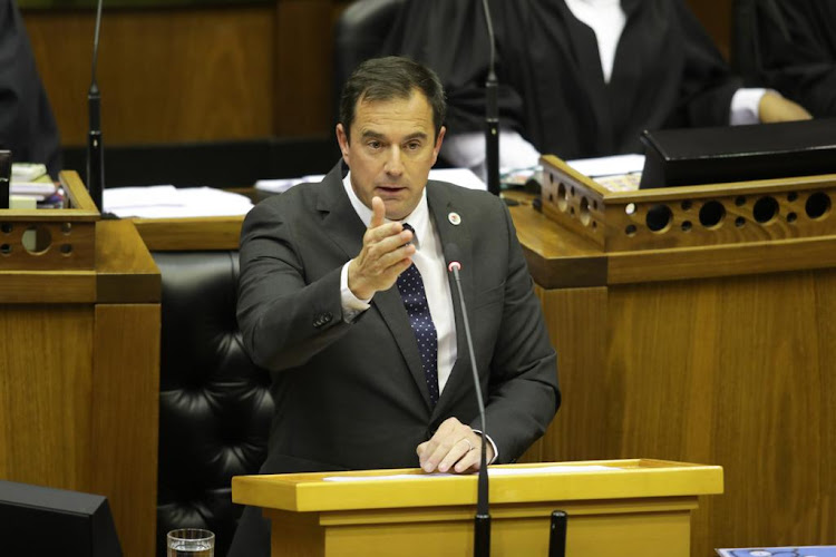 John Steenhuisen at the Sona debate on Tuesday where he reminded Cyril Ramaphosa that SA already had two state banks, the Land Bank and the Post Bank, 'both bankrupt and riddled with corruption'.