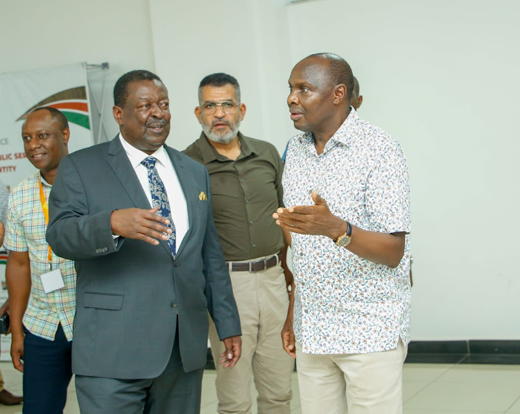 Prime Cabinet Secretary Musalia Mudavadi, Mombasa governor Abdulswamad Nassir and Chief of Staf and Head of Public Service Felix Koskei at Kenya School of Government in Mombasa on Thursday.
