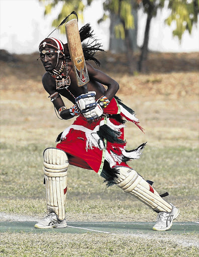 Jonathan Ole Meshami, of the Maasai Cricket Warriors, plays a shot during a friendly in Mombasa, Kenya. The team is being coached by a South African woman Picture: REUTERS