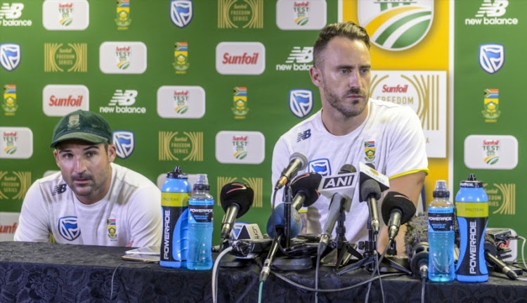 Captain Faf du Plessis of South Africa with Dean Elgar at the press conference during day 4 of the 3rd Sunfoil Test match between South Africa and India at Bidvest Wanderers Stadium on January 27, 2018 in Johannesburg.