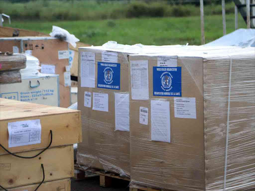 World Health Organization (WHO) medical supplies to combat the Ebola virus are seen packed in crates at the airport in Mbandaka, Democratic Republic of Congo May 19, 2018. /REUTERS