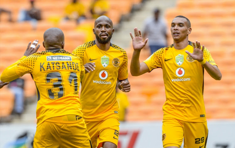 Ryan Moon ()R) celebrates with teammates after scoring during the Nedbank Cup Last 32 match between Kaizer Chiefs and Golden Arrows at FNB Stadium on February 11, 2018 in Johannesburg, South Africa. Chiefs won 3-0.