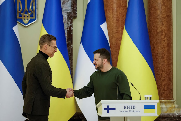 Ukraine's president Volodymyr Zelensky and Finnish president Alexander Stubb shake hands as they attend a joint press conference amid Russia's attack on Ukraine, in Kyiv, Ukraine, on April 3 2024.