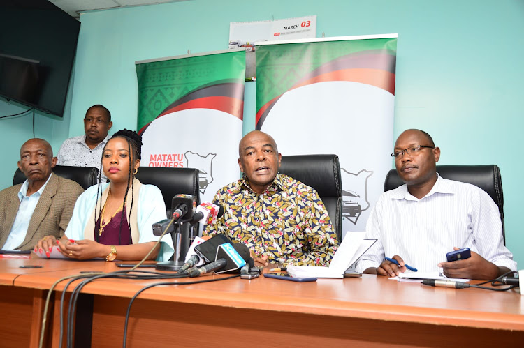 Matatu Owners Association President Albert Karakacha (center) with CEO Patricia Mutheu and other officials during a press conference at Tumaini house in Nairobi on March 20, 2024 /COLLINS APUDO.