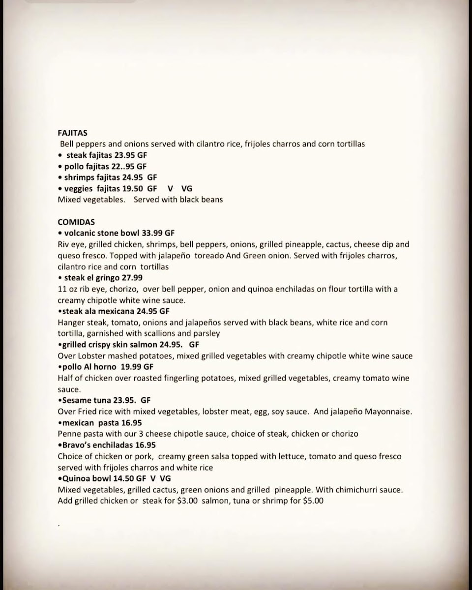 Bravo Tex-Mex Restaurant gluten-free menu