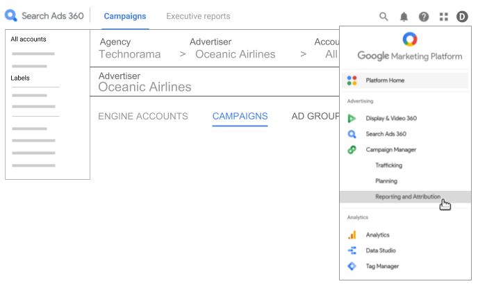 Click Search, then select Reporting and Attribution.