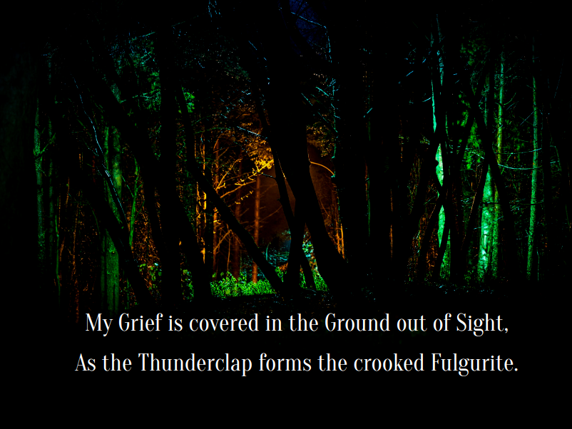 An enchanted bit of forest, colored lights in dark trees, with the words: My Grief is covered in the Ground out of Sight,
As the Thunderclap forms the crooked Fulgurite.
