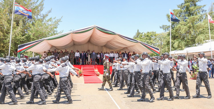 Revenue Service Assistants during their pass-out parade at the KDF centre in Eldoret on August 25, 2023.
