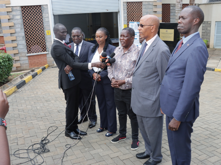 National Assembly Departmental Committee on Health chairman Robert Pukose, Health PS Mary Muthoni and Kenya Nuclear Regulatory Authority Director General James Keter (right) and chairman Omondi Anyanga (left) briefing the press at the Central Radioactive Waste Processing Facility in Kajiado County, March 27, 2024.