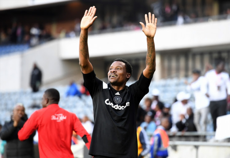 Thamsanqa Gabuza of Orlando Pirates celebrating his goal with team mates during the Absa Premiership match between Orlando Pirates and Free State Stars at Orlando Stadium on May 12, 2018 in Johannesburg, South Africa.