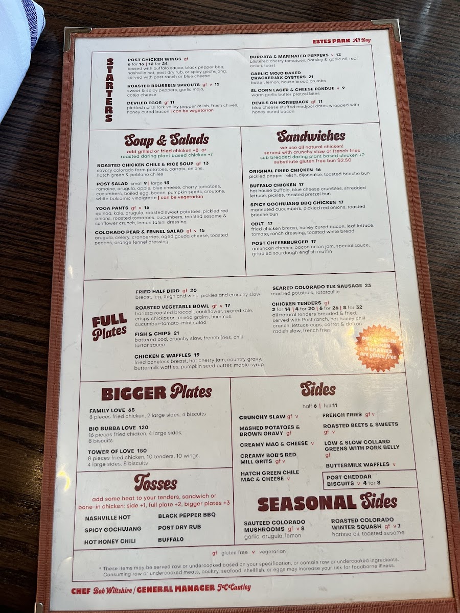 The Post Chicken & Beer gluten-free menu