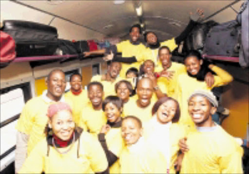 20090629VNH. AND WE'RE OFF: The 16 young people of Sinothile Productions exstatic as the departed at Johannesburg for the National Arts Festival in Grahamstown where they will be performing their play called Home Sweet Home.PIC: VELI NHLAPO.29/06/2009. © SOWETAN