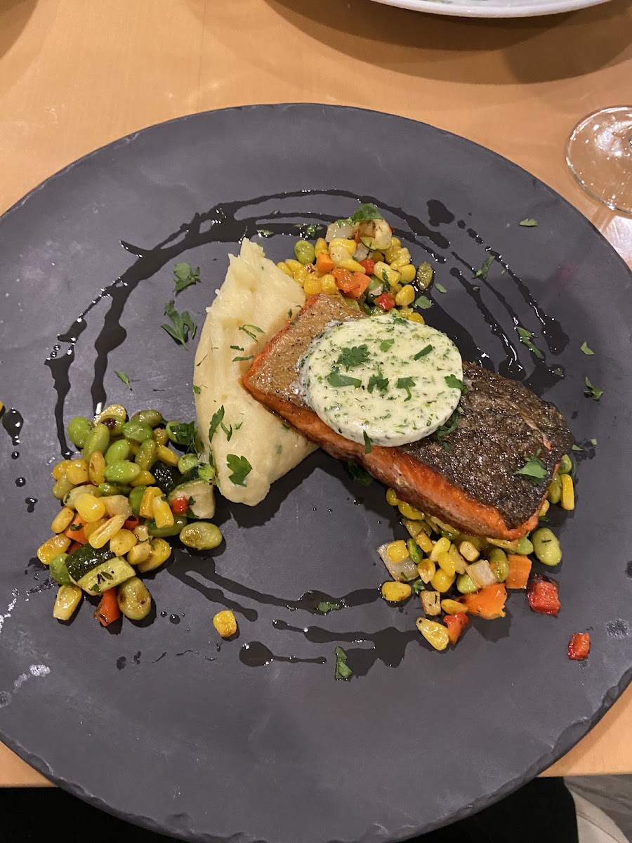 Grilled Salmon with Succotash and goat cheese, chive mashed potatoes