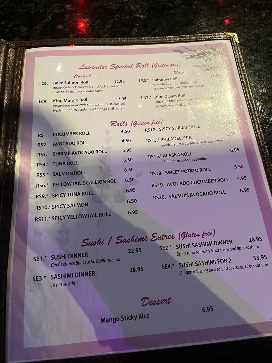 Lavender Asian Bistro gluten-free menu