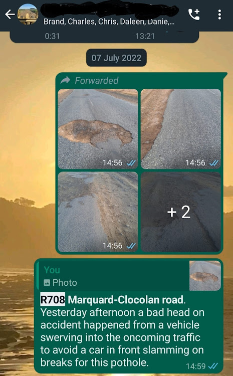 Screenshot of the WhatsApp group started by farmers in the hope of reporting potholes to officials who are part of the group. Picture: SUPPLIED.