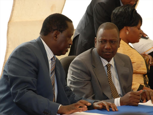 A file photo of NASA presidential flag bearer Raila Odinga and Deputy President William Ruto. /JACK OWUOR