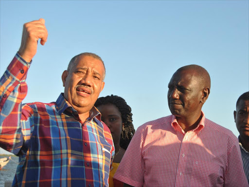 Lamu Governor Issa Timamy with Deputy President William Ruto after launching the Sh230 million jetty at KPA, Lamu Island on August 22 / ALPHONCE GARI