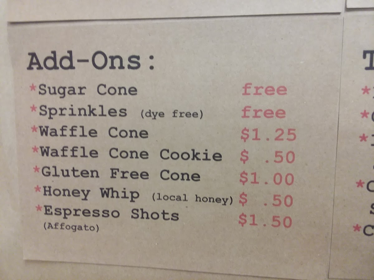 Panhandle Cone & Coffee gluten-free menu