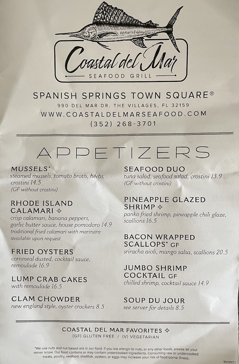 Coastal Del Mar - Seafood Grill gluten-free menu