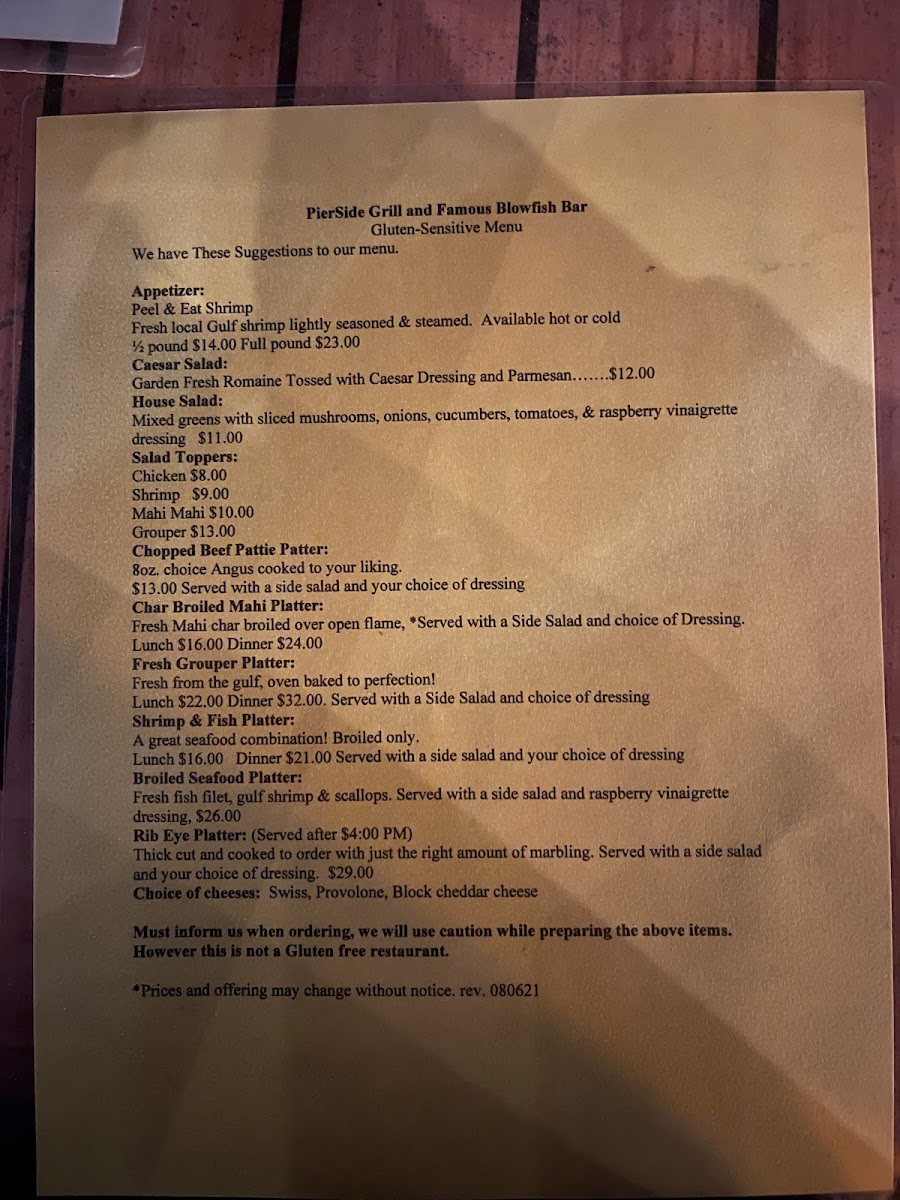 Gluten free menu as of 1/12/22