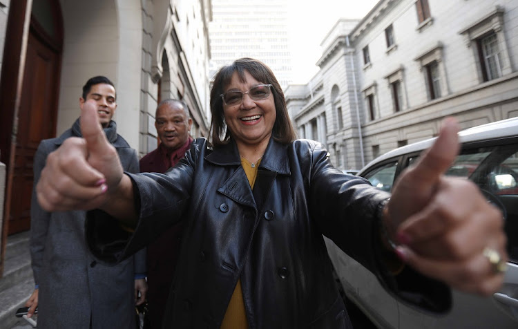 Mayor of Cape Town Patricia de Lille celebrates her victory against the Democratic Alliance after the judge ruled in favour of her at the Western High Court on June 27 2018.