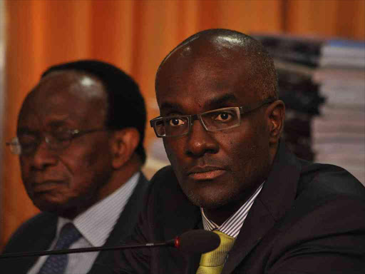 Kenya Airways Board Chairman Evanson Mwaniki and CEO Mbuvi Gunze when they appeared before the senate committee inquiring into the affairs of Kenya Airways and its subsidiaries in Parliament on September 16, 2015.Photo/HEZRON NJOROGE