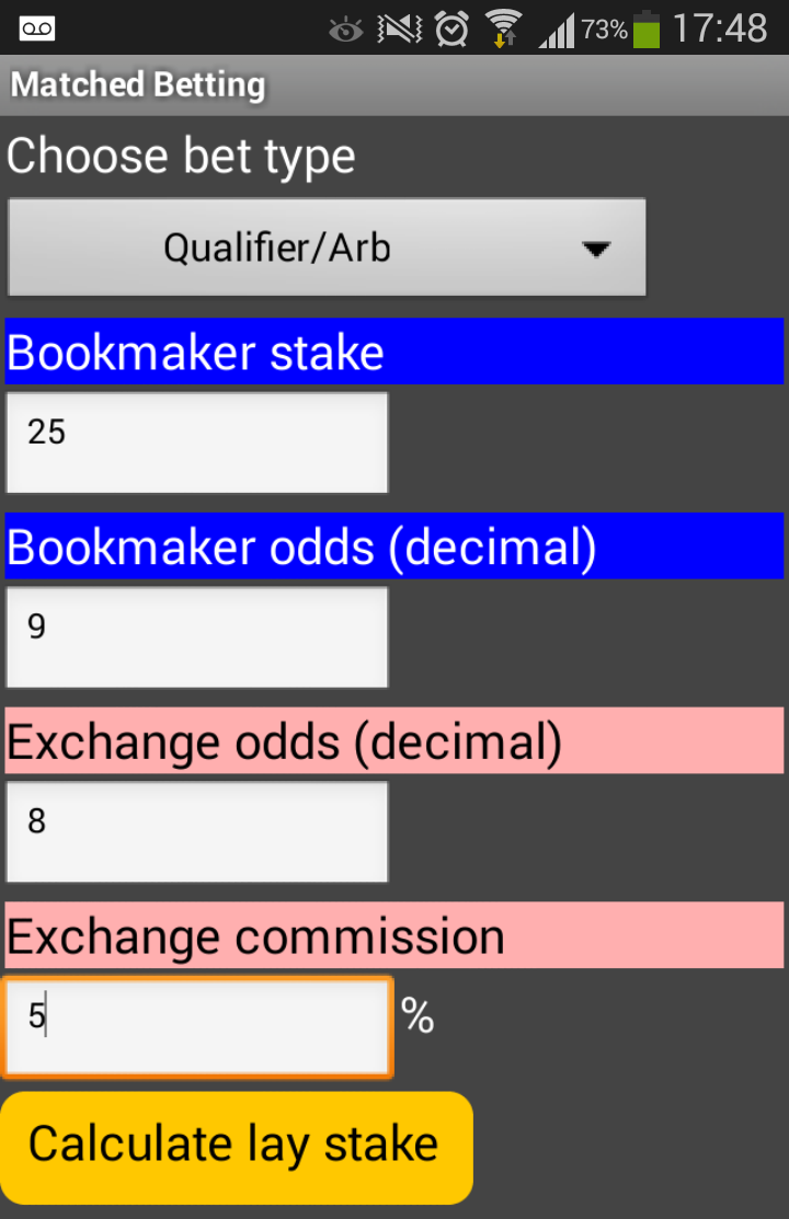 Android application Matched Betting calculator screenshort