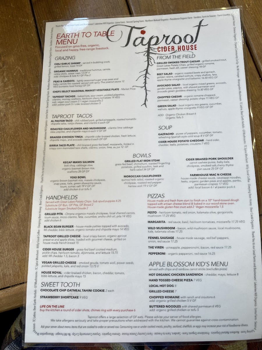 Taproot Cider House gluten-free menu