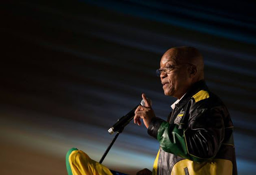 President Jacob Zuma addresses crowds gathered to celebrate his 75th birthday in Kliptown, Johannesburg, on April 12, 2017.