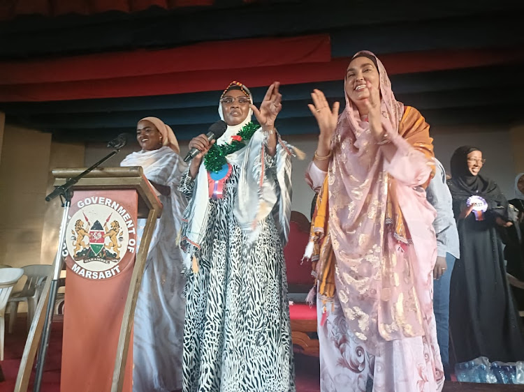 Marsabit county first lady Alamitu Guyo Jattani joined by several leaders during a fundsdrive for university student in Marsabit on Saturday 6/04/2024.