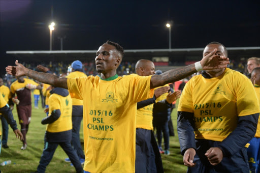 Sundowns Teko Modise and players celebrates with fans during the Absa Premiership match between University of Pretoria and Mamelodi Sundowns at Tuks Stadium on May 04, 2016 in Pretoria, South Africa. (Photo by Lefty Shivambu/Gallo Images)