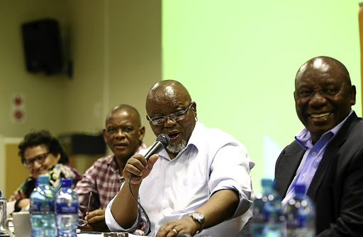 ANC chairman Gwede Mantashe jokes with the media during the ANC NEC meeting held at Saint George's Hotel in Irene, outside Pretoria, yesterday. With him are top-six members Jessie Duarte, Ace Magashule and Cyril Ramaphosa.