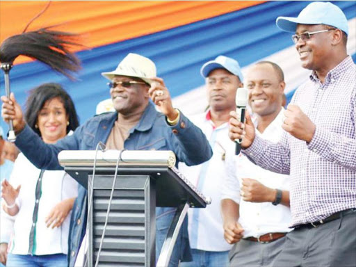 ODM’s Nairobi woman representative candidate Esther Passaris, Machakos Senator Johnson Muthama, Nairobi Deputy Governor Jonathan Mueke and Governor Evans Kidero during a meeting with the Kamba community in City Stadium, Nairobi, yesterday. /JULIUS OTIENO