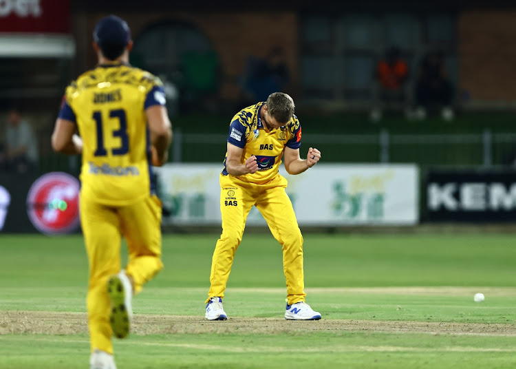 Wiaan Mulder of DP World Lions celebrates the dismissal of Jiveshan Pillay of Dafabet Warriors during the CSA T20 Challenge match at St George's Park on April 17, 2024 in Gqeberha
