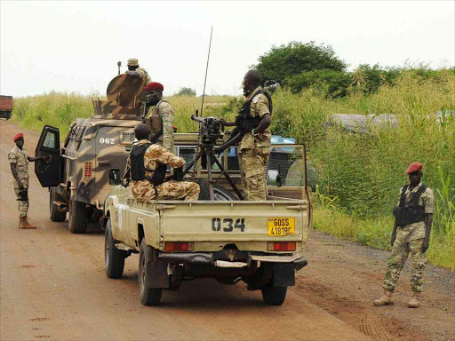 Security forces guard the road to the Dar Petroleum Operating Company oil production operated in Palogue oil field within Upper Nile State in South Sudan, September 7, 2016. /REUTERS