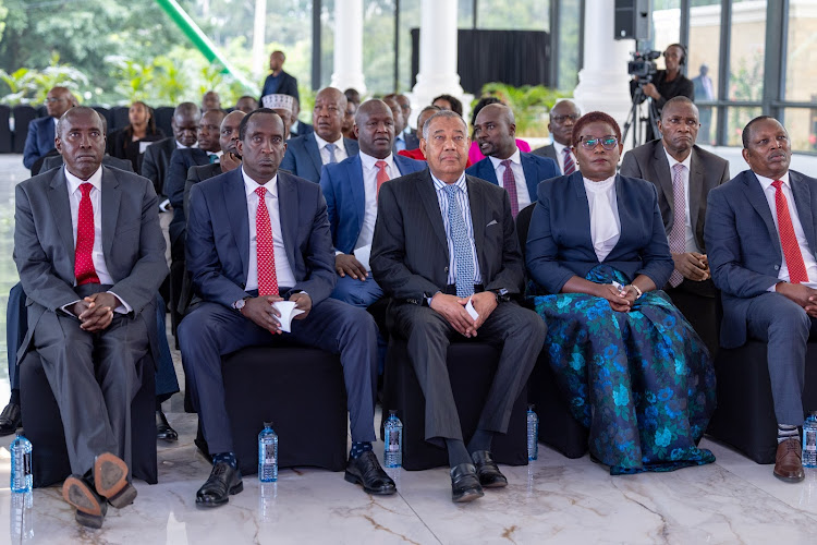 From left: Governors Joseph Ole Lenku (Kajiado), Patrick Ntutu (Narok), Issa Timamy (Lamu), Kawira Mwangaza (Meru), and Lati Lelelit (Samburui) during the launch of Kenya Urban Support Programme (KUPS2) at Statehouse, Nairobi on May 7, 2024.