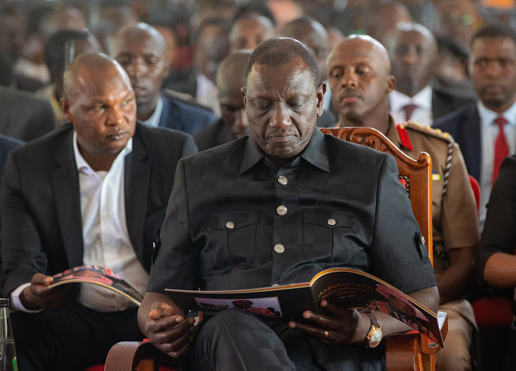 President William Ruto reads the eulogy of Mama Annah Tikui Noolparakuo Tunai Mother to Former governor of Narok Samuel Tunai in Narok on March 18, 2024.