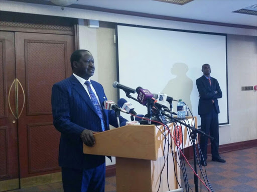 Cord leader Raila Odinga speaks at Serena Hotel in Nairob i on Thursday when he named "persons of interest" with regard to the Sh250 billion Eurobond proceeds. Photo/MONICAH MWANGI