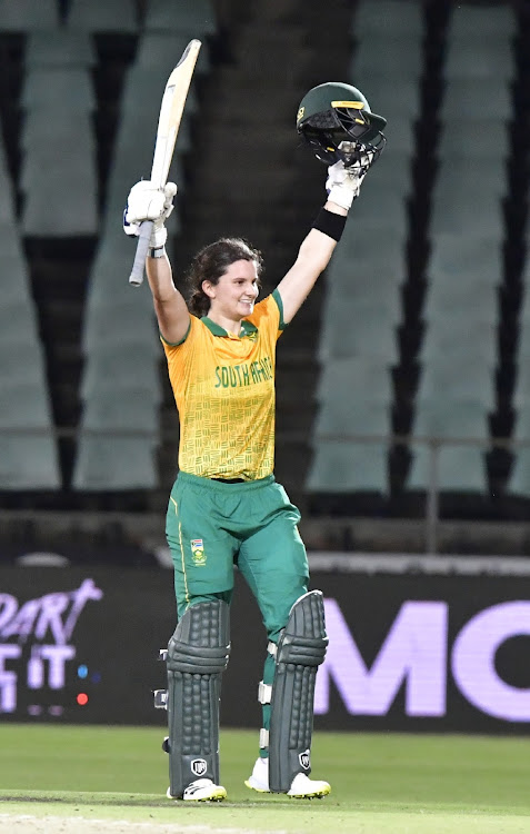 Laura Wolvaardt of South Africa celebrates her 100 runs during the 1st Women's T20I match against Sri Lanka at Willowmoore Park on March 27, 2024 in Benoni