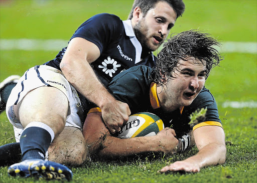 LATE TACKLE: Tommy Seymour of Scotland tackles de jager of South Africa as he goes over for a try at Nelson Mandela Bay Stadium in Port Elizabeth on Saturday. De Jager says he has learnt a lot from mentors Bakkie Botha and Victor Matfield.