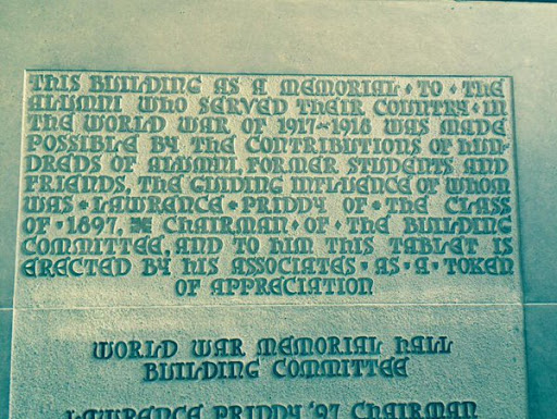   "World War of 1917-1918." This building at Virginia Tech was dedicated in 1923, before there was a WWII.  [Location approximate] Submitted by jjruns