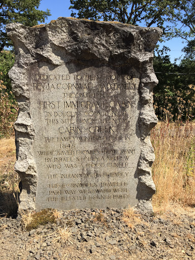 DEDICATED TO THE MEMORY OF REV. J.A. CORNWALL AND FAMILY THEY BUILD THE FIRST IMMIGRANT CABIN IN DOUGLAS COUNTY NEAR THIS SITE HENCE THE NAME CABIN CREEK THE FAMILY WINTERED HERE IN 1846...