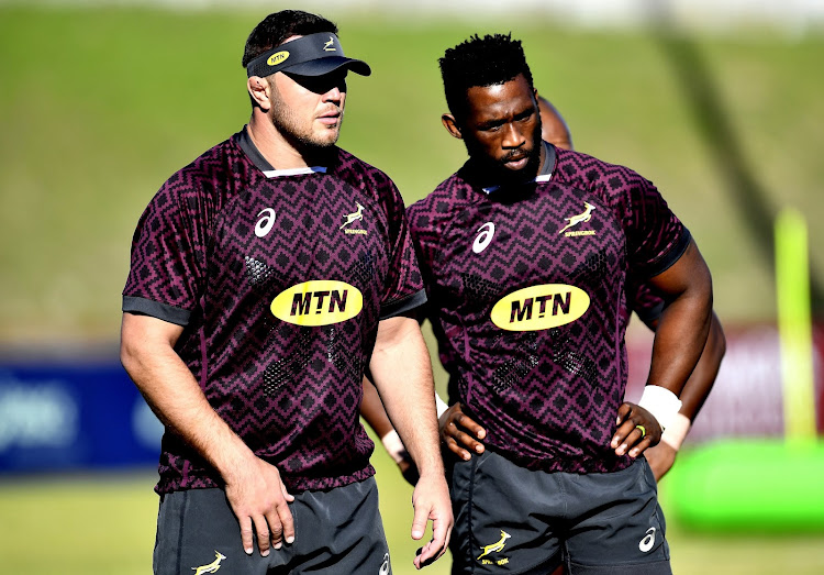 Duane Vermeulen and captain Siya Kolisi during Springbok training.