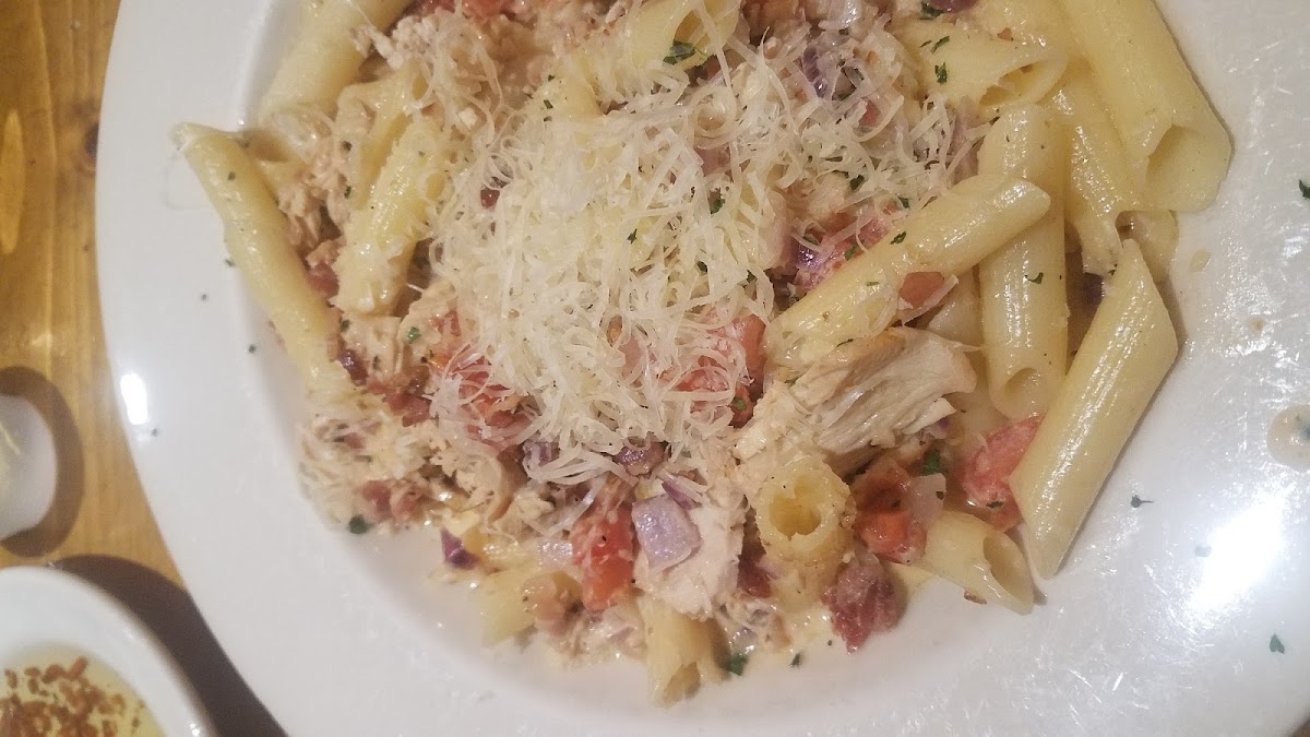 Modified Grilled Chicken Bowtie Festival (subbed gf penne and modified the asiago cream sauce)