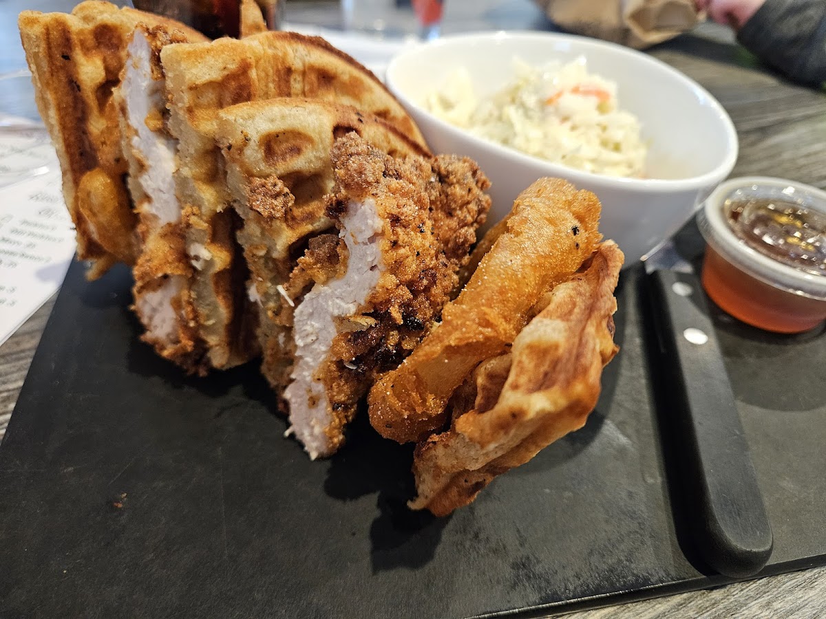 Chicken and Waffles with an onion ring!