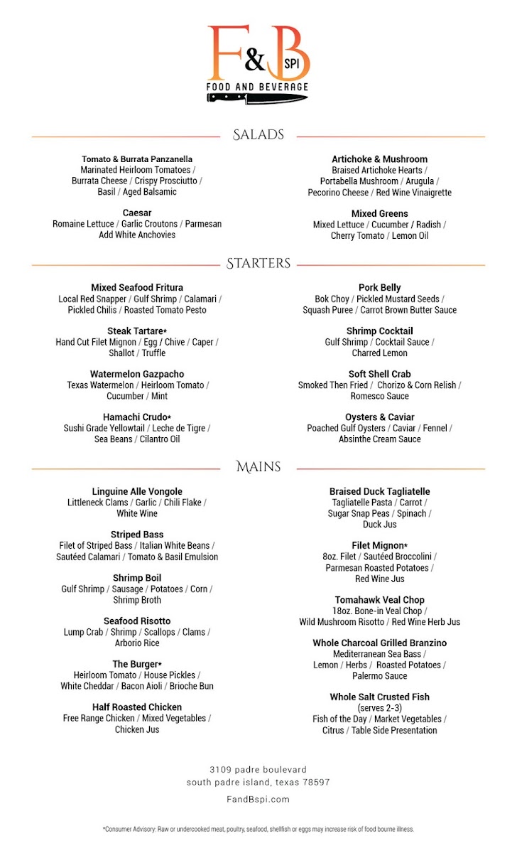 F&B gluten-free menu