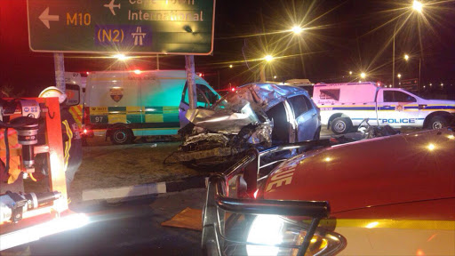 Two robbers died when a car and truck collided in dramatic circumstances in Cape Town on Tuesday morning PICTURE: ER24