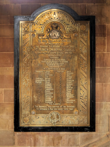 This large brass plaque within a black frame, located within the Cathedrals West Porch, commemorates the men of the 1st Kings Dragoon Guards who died in the Boer War 1901-02. © Copyright David...